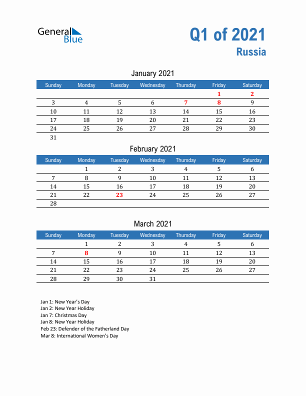 Russia Q1 2021 Quarterly Calendar with Sunday Start