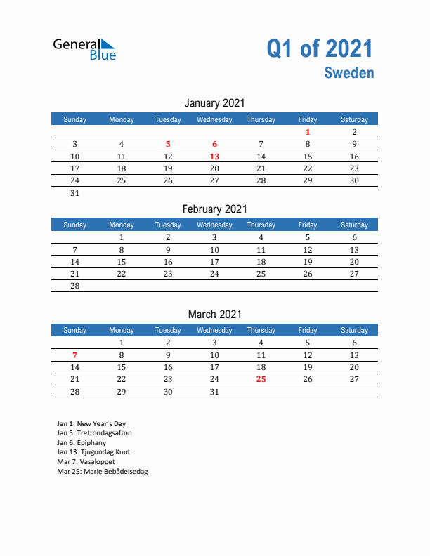 Sweden Q1 2021 Quarterly Calendar with Sunday Start