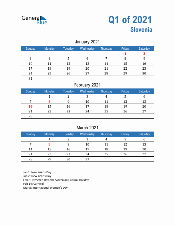 Slovenia Q1 2021 Quarterly Calendar with Sunday Start