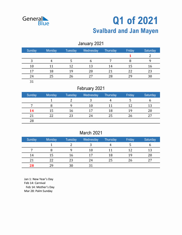 Svalbard and Jan Mayen Q1 2021 Quarterly Calendar with Sunday Start