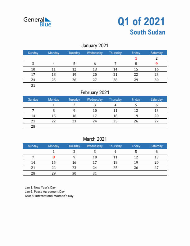 South Sudan Q1 2021 Quarterly Calendar with Sunday Start