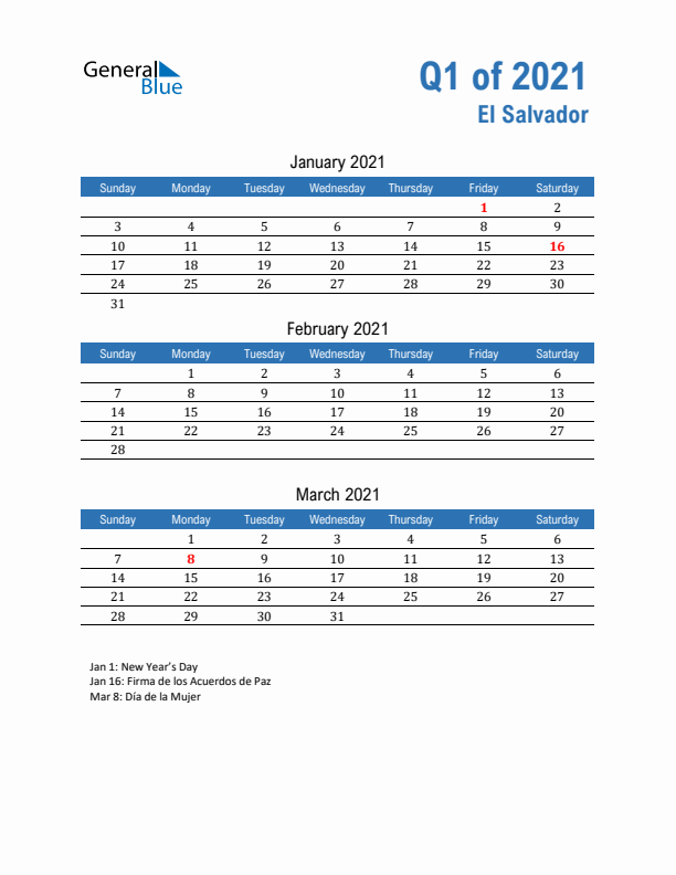 El Salvador Q1 2021 Quarterly Calendar with Sunday Start