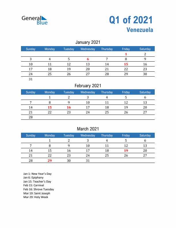 Venezuela Q1 2021 Quarterly Calendar with Sunday Start