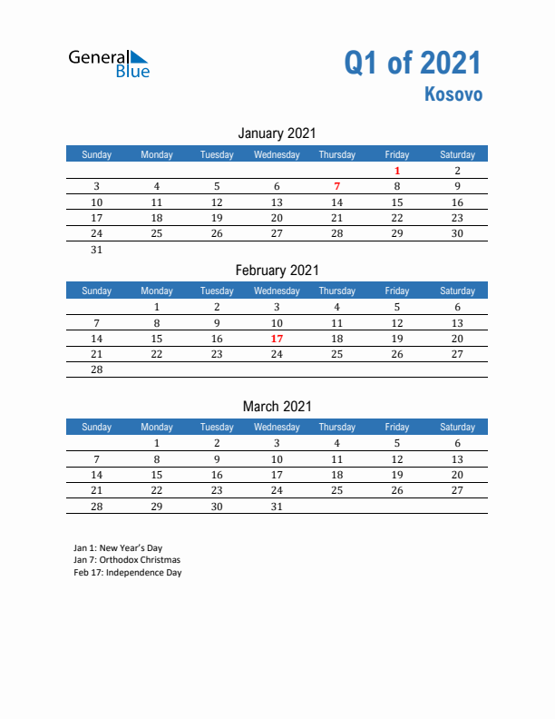 Kosovo Q1 2021 Quarterly Calendar with Sunday Start