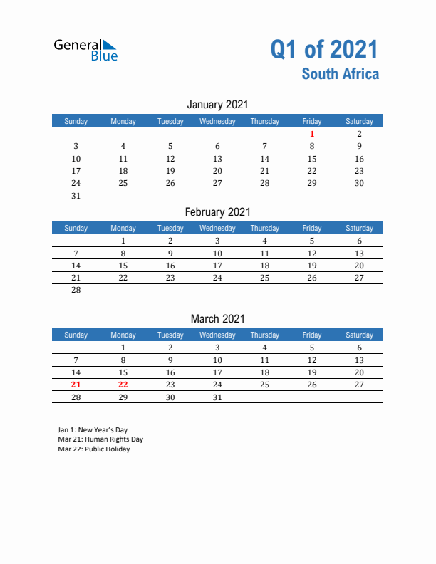 South Africa Q1 2021 Quarterly Calendar with Sunday Start