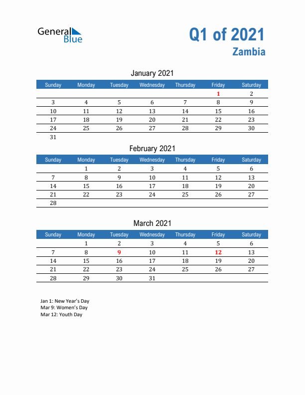 Zambia Q1 2021 Quarterly Calendar with Sunday Start