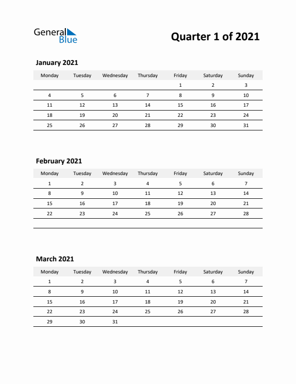 2021 Three-Month Calendar (Quarter 1)