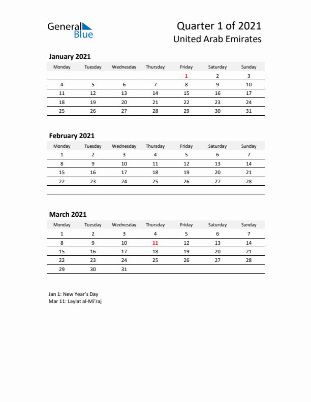 2021 Q1 Three-Month Calendar for United Arab Emirates