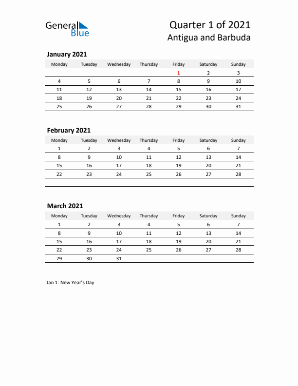 2021 Q1 Three-Month Calendar for Antigua and Barbuda