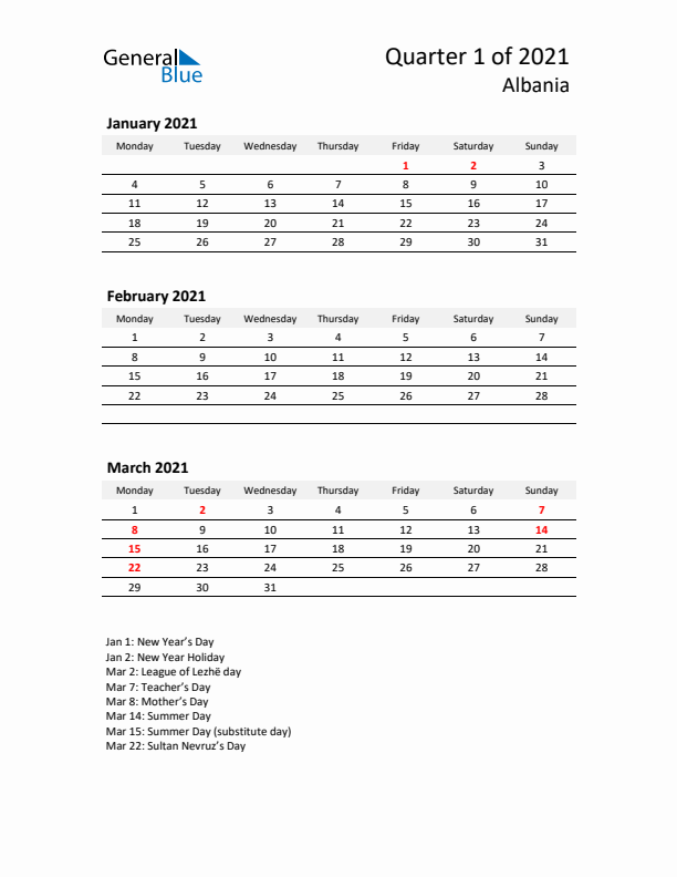 2021 Q1 Three-Month Calendar for Albania