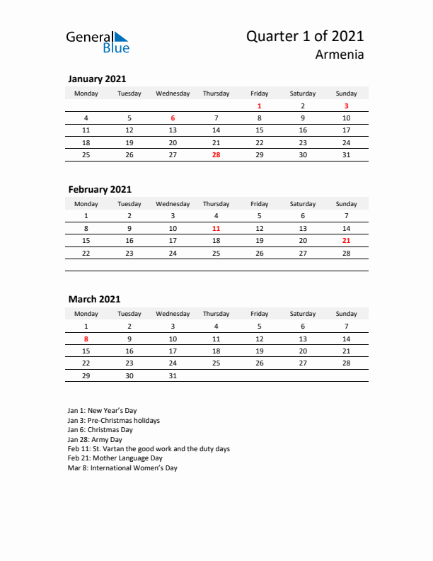 2021 Q1 Three-Month Calendar for Armenia