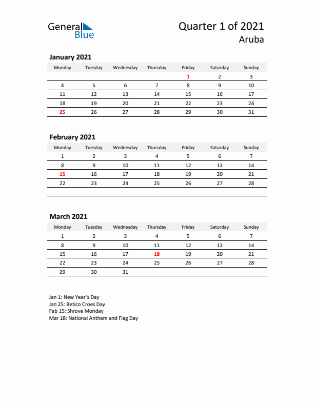 2021 Q1 Three-Month Calendar for Aruba