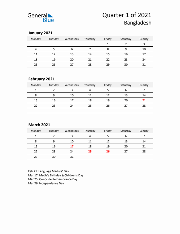 2021 Q1 Three-Month Calendar for Bangladesh