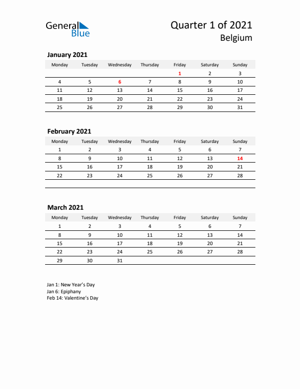 2021 Q1 Three-Month Calendar for Belgium