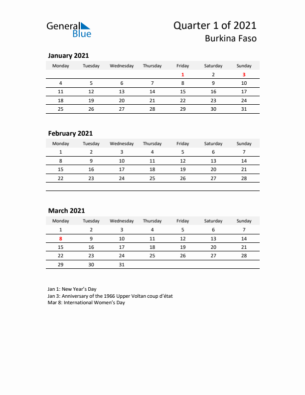 2021 Q1 Three-Month Calendar for Burkina Faso