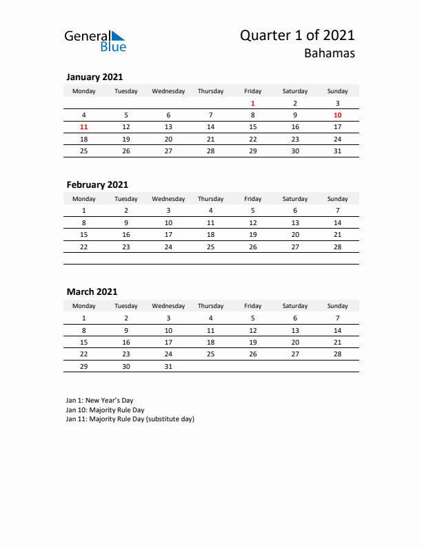 2021 Q1 Three-Month Calendar for Bahamas