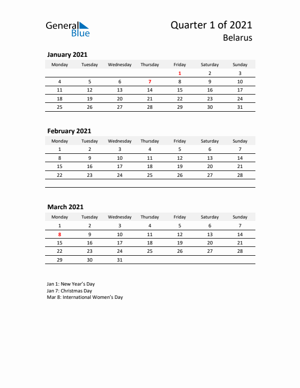 2021 Q1 Three-Month Calendar for Belarus