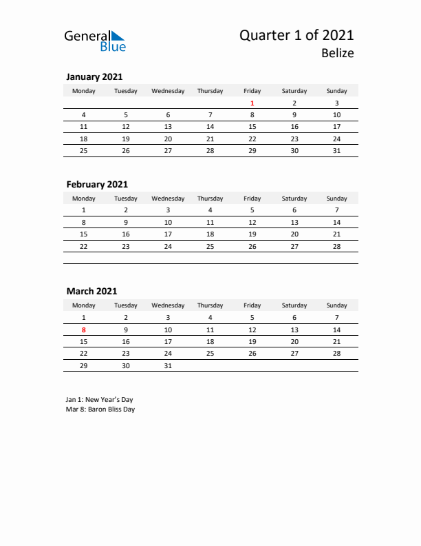 2021 Q1 Three-Month Calendar for Belize