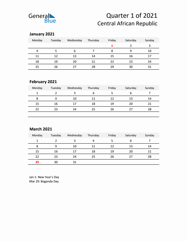 2021 Q1 Three-Month Calendar for Central African Republic