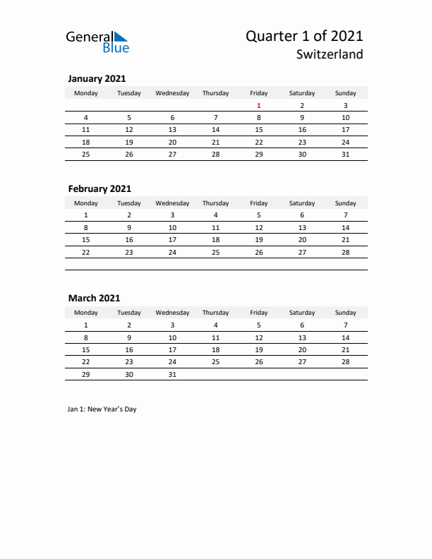 2021 Q1 Three-Month Calendar for Switzerland