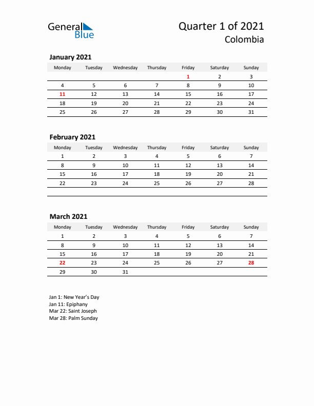 2021 Q1 Three-Month Calendar for Colombia