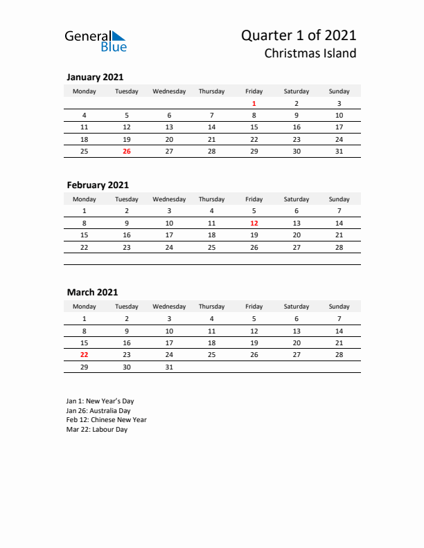 2021 Q1 Three-Month Calendar for Christmas Island