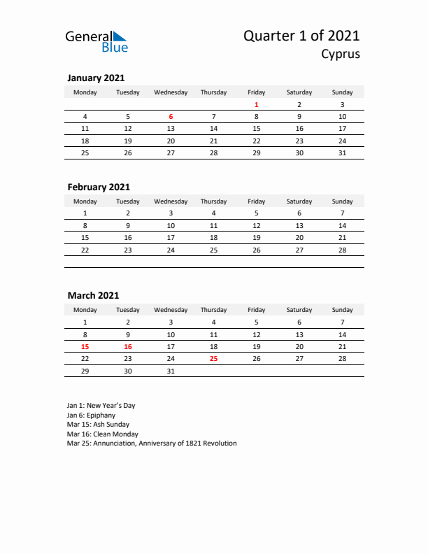 2021 Q1 Three-Month Calendar for Cyprus