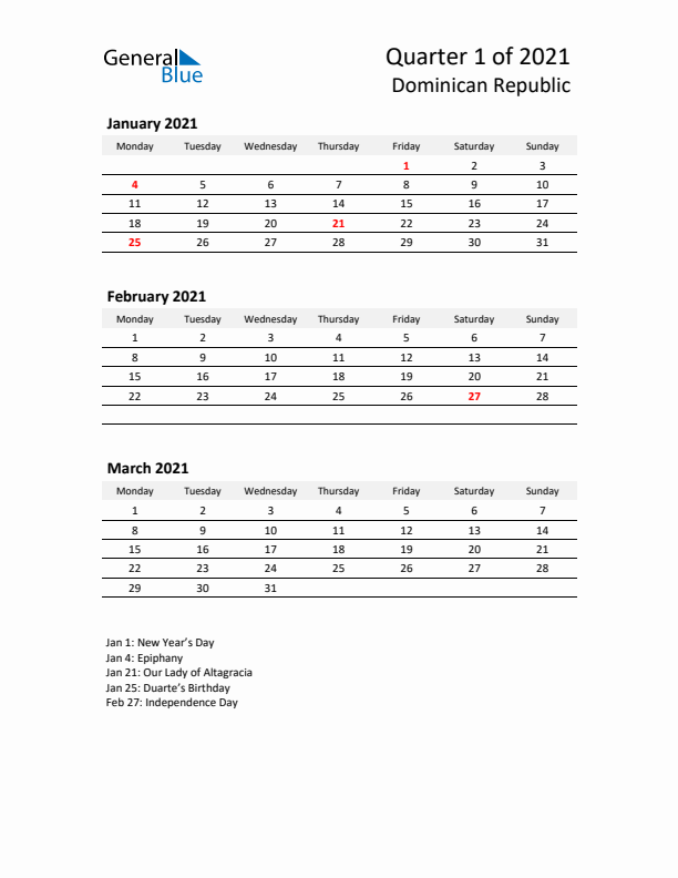 2021 Q1 Three-Month Calendar for Dominican Republic