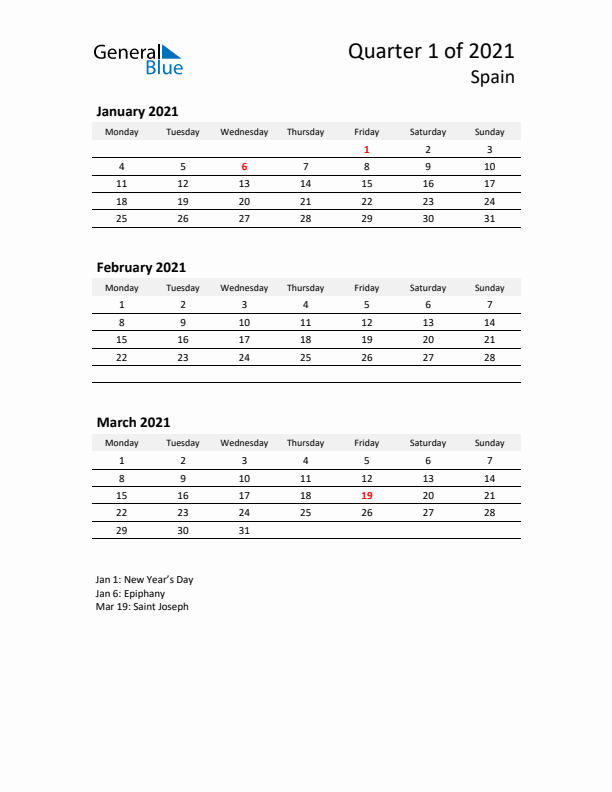 2021 Q1 Three-Month Calendar for Spain