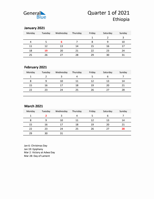 2021 Q1 Three-Month Calendar for Ethiopia