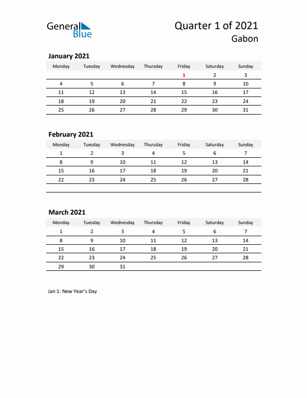 2021 Q1 Three-Month Calendar for Gabon