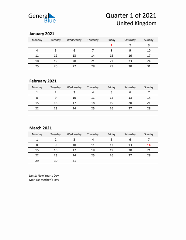 2021 Q1 Three-Month Calendar for United Kingdom