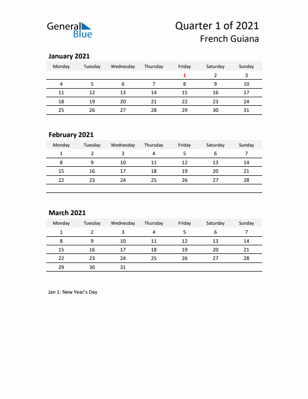 2021 Q1 Three-Month Calendar for French Guiana