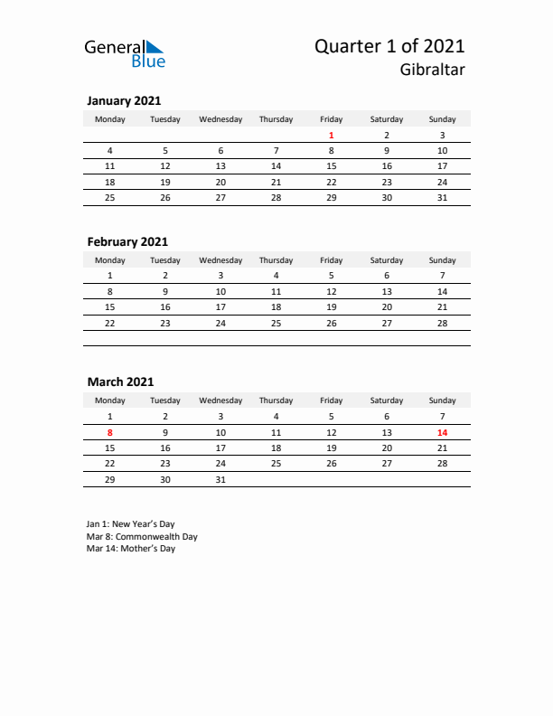 2021 Q1 Three-Month Calendar for Gibraltar