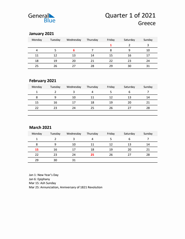 2021 Q1 Three-Month Calendar for Greece