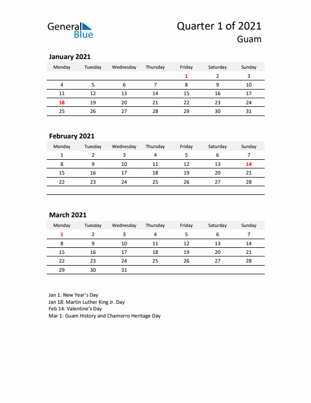 2021 Q1 Three-Month Calendar for Guam