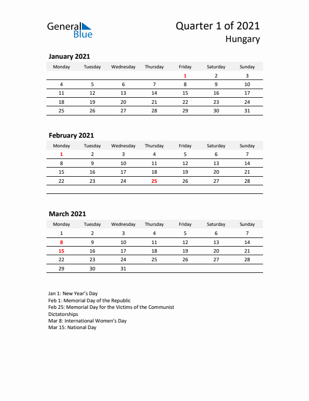 2021 Q1 Three-Month Calendar for Hungary