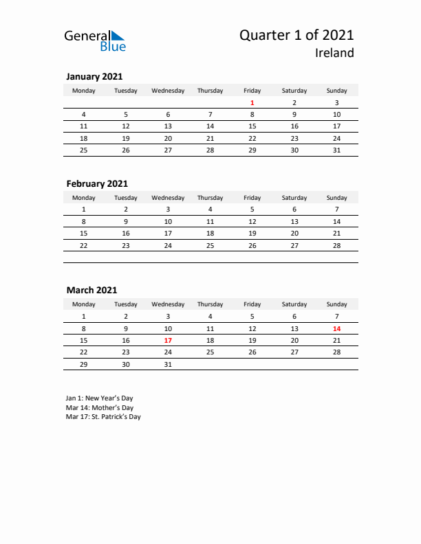 2021 Q1 Three-Month Calendar for Ireland