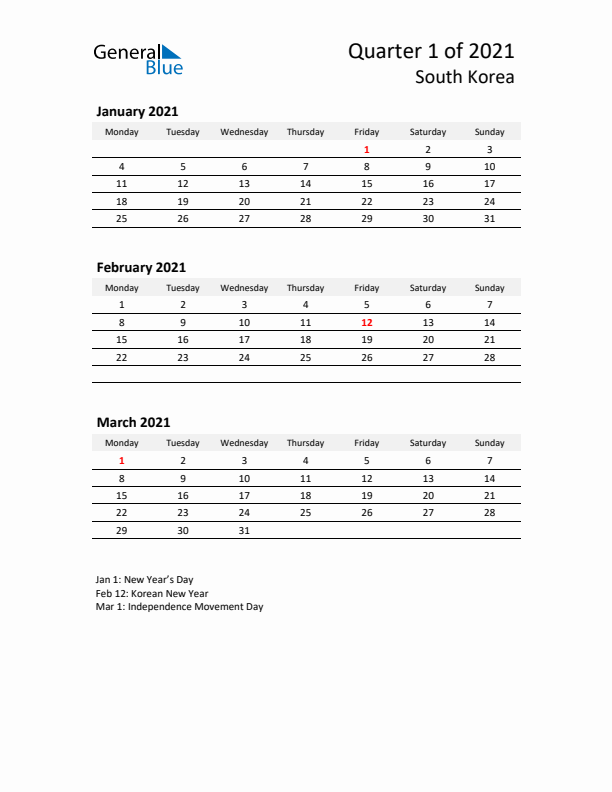 2021 Q1 Three-Month Calendar for South Korea