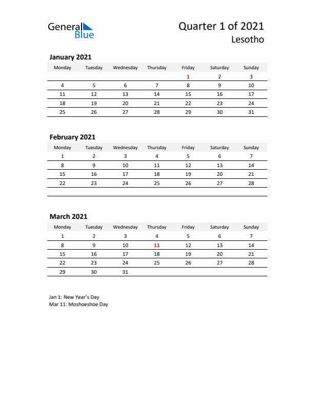 2021 Q1 Three-Month Calendar for Lesotho