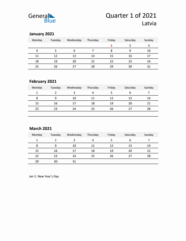 2021 Q1 Three-Month Calendar for Latvia