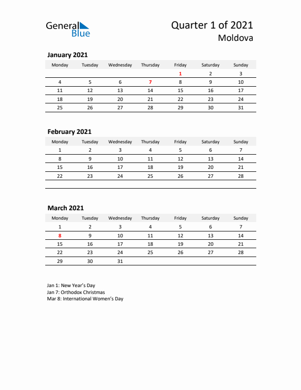 2021 Q1 Three-Month Calendar for Moldova