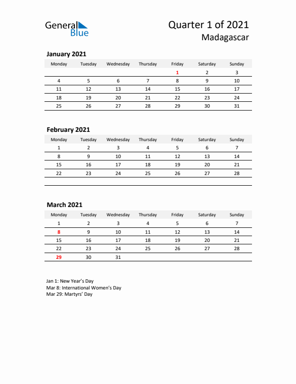 2021 Q1 Three-Month Calendar for Madagascar