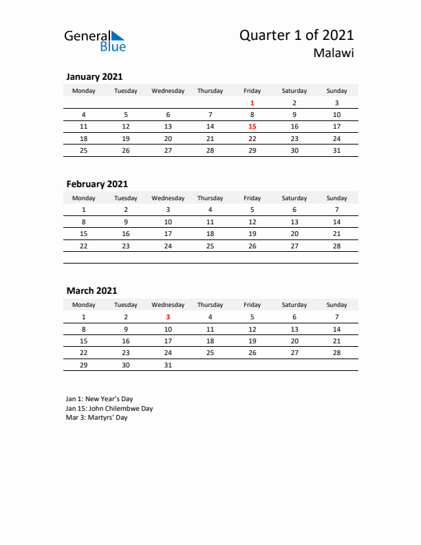 2021 Q1 Three-Month Calendar for Malawi