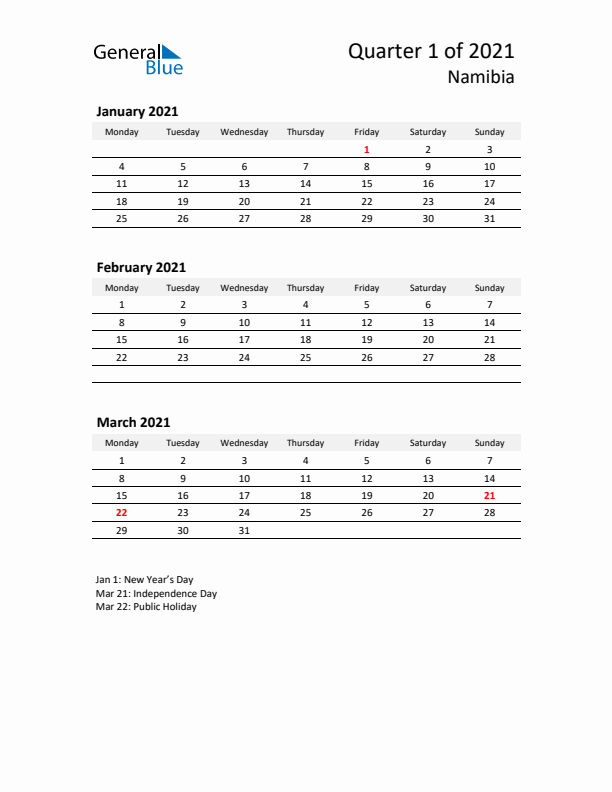 2021 Q1 Three-Month Calendar for Namibia