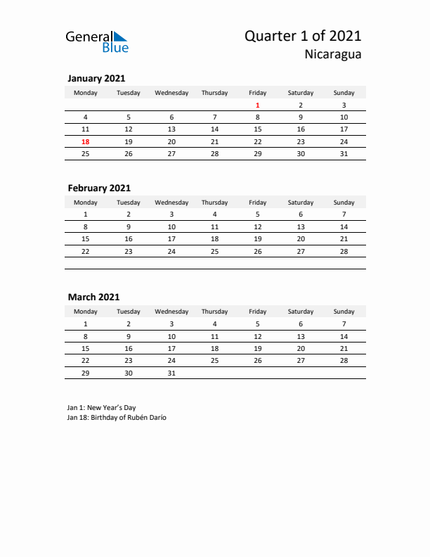 2021 Q1 Three-Month Calendar for Nicaragua