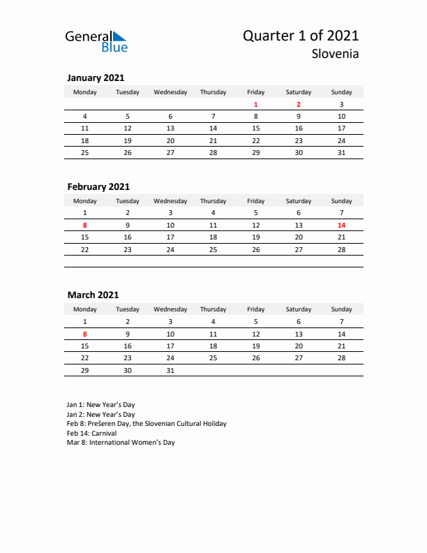 2021 Q1 Three-Month Calendar for Slovenia