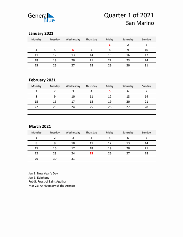 2021 Q1 Three-Month Calendar for San Marino