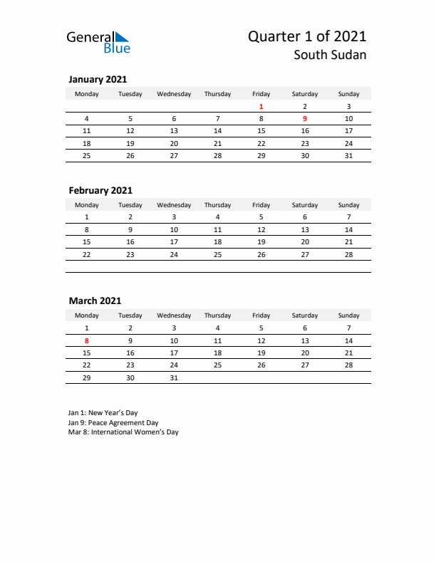 2021 Q1 Three-Month Calendar for South Sudan