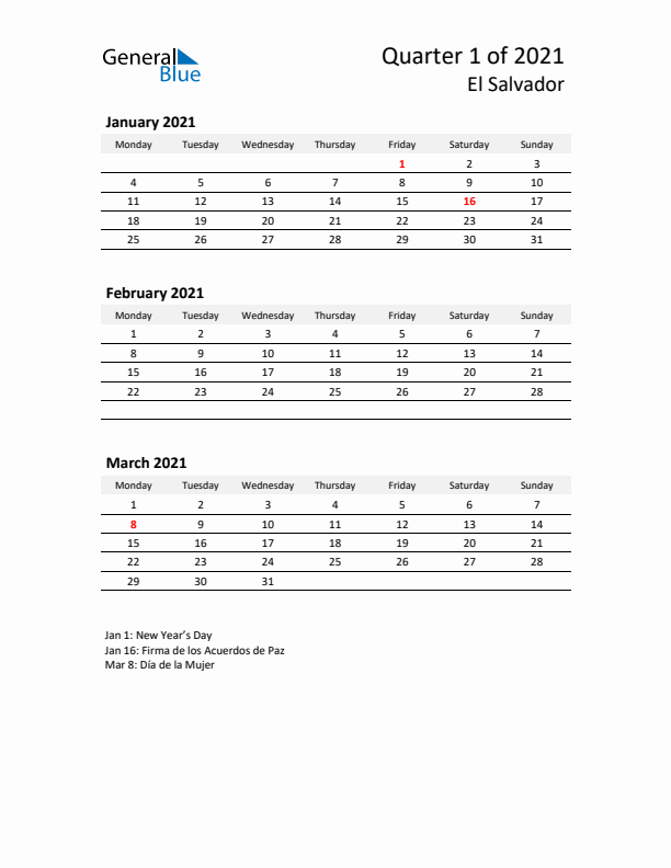 2021 Q1 Three-Month Calendar for El Salvador